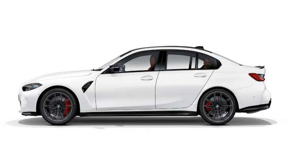 Design de profil de la BMW M3 Competition Berline Frozen Brilliant White metallic G80 2020 BMW M3 Competition Berline G80 2020 Frozen Brilliant White metallic, design de profil, vue de profil