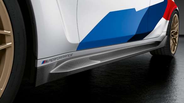 Lame de bas de caisse M Performance en carbone de la BMW M3 Berline G80 2020 Vue en gros plan de la BMW M3 Berline G80 2020, lames de bas de caisse Performance en carbone