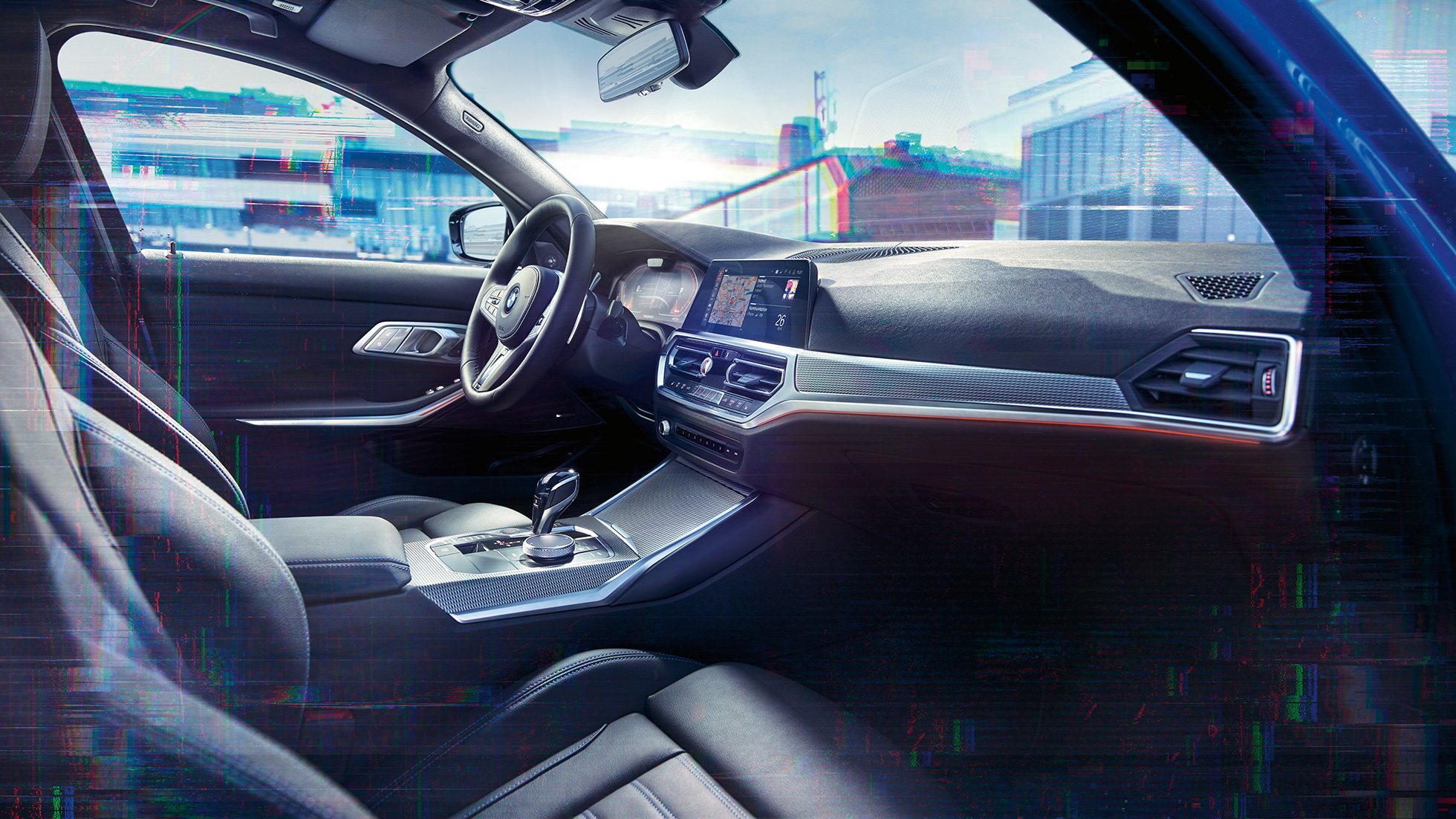 BMW Série 3 Berline, BMW Live Cockpit Professional. Gros plan de l’habitacle de la BMW Série 3 Berline avec BMW Live Cockpit Professional.