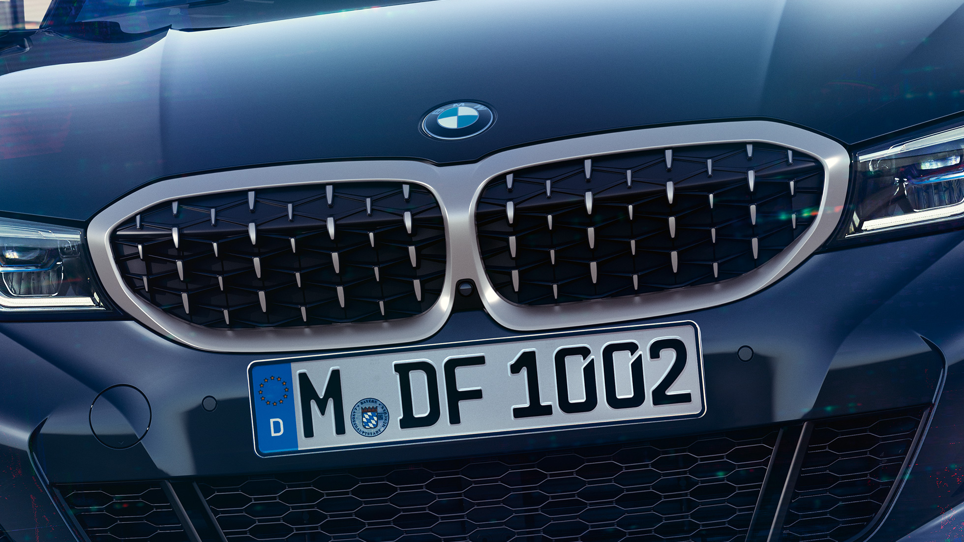 BMW Série 3 Berline, doubles naseaux BMW. Vue de face des doubles naseaux BMW style Mesh de la BMW Série 3 Berline M340i xDrive.