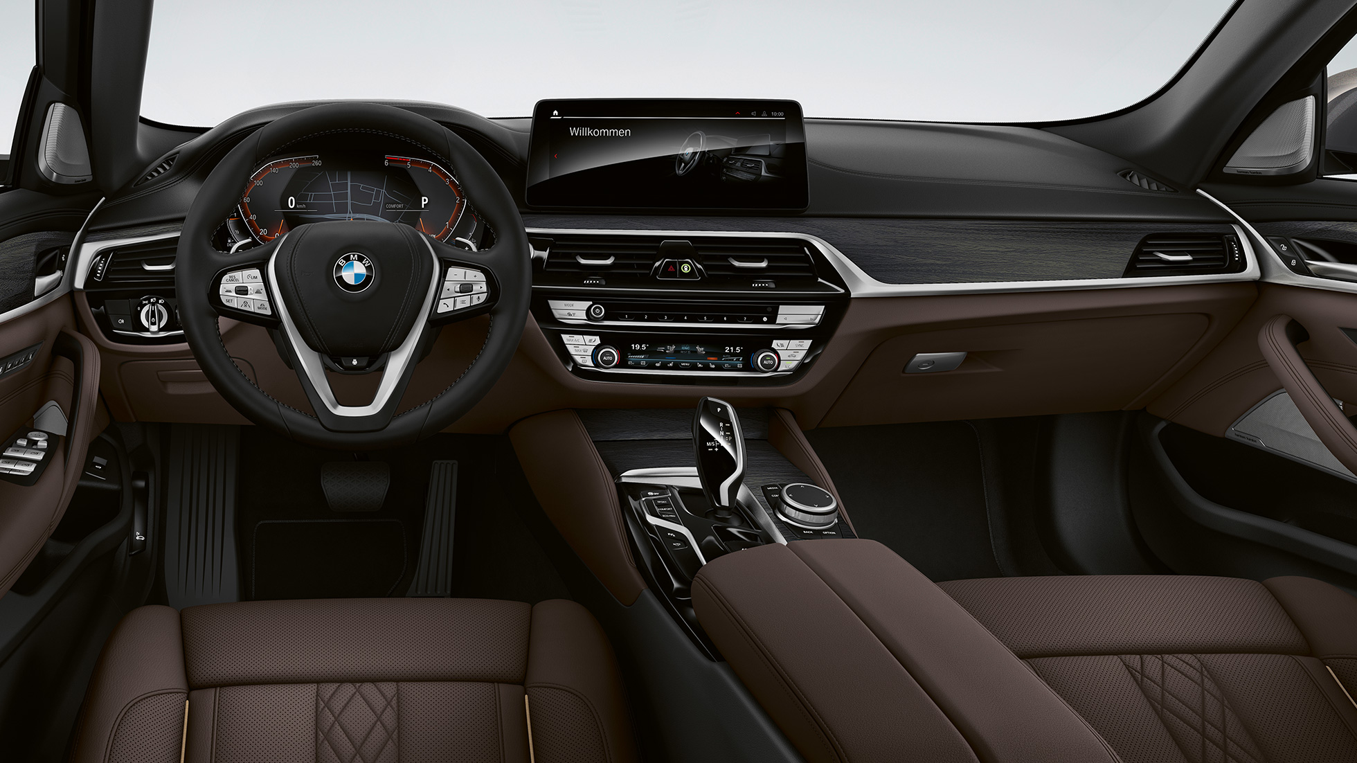 Modèle Luxury de la BMW Série 5 Berline G30, habitacle Modèle Luxury de la BMW Série 5 Berline 520d xDrive G30 2020, revêtement intérieur cuir Nappa exclusif avec surpiqûre exclusive et passepoil contrasté, habitacle