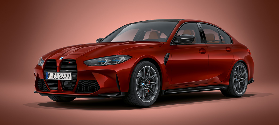 BMW Individual Dravitgrau metallic BMW M3 Berline G80 2020 Vue de trois quarts avant à l'arrêt de la BMW M3 Berline Individual Davitgrau metallic G80 2020